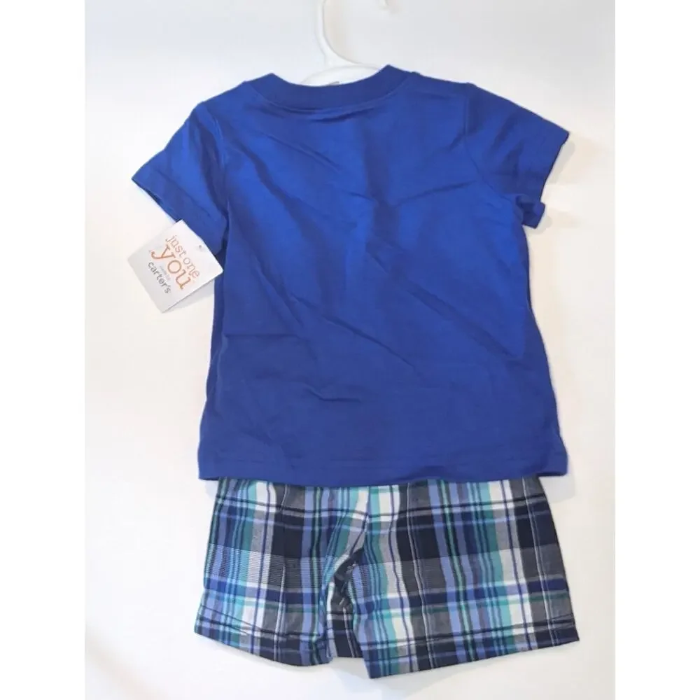 Carter's Fireman 2 piece set 9M Outfit Mommy's Hero Shirt Shorts‎ Blue Plaid